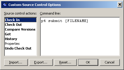 The Custom Source Control Options dialog showing defined commands in bold.