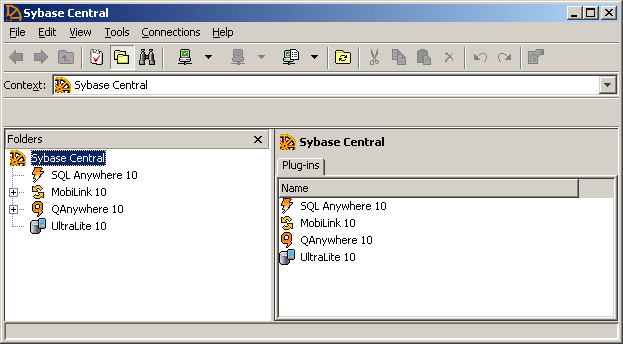 The Sybase Central main window.