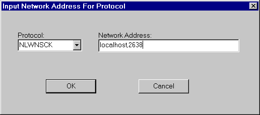 The Input Network Address for Protocol dialog showing the network address for the NLWNSCK protocol.