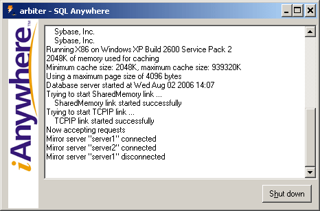 The arbiter Server Messages window showing that server1 is disconnected.