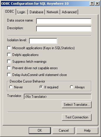 The ODBC Configuration for SQL Anywhere dialog where you can specify connection parameters for an ODBC data source.