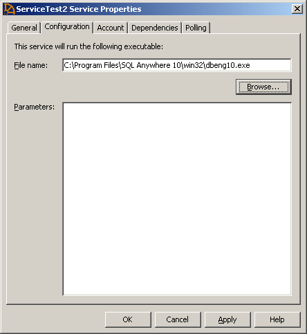 Configuration tab of the Service property sheet, showing the file name and parameters for the executable the service runs.